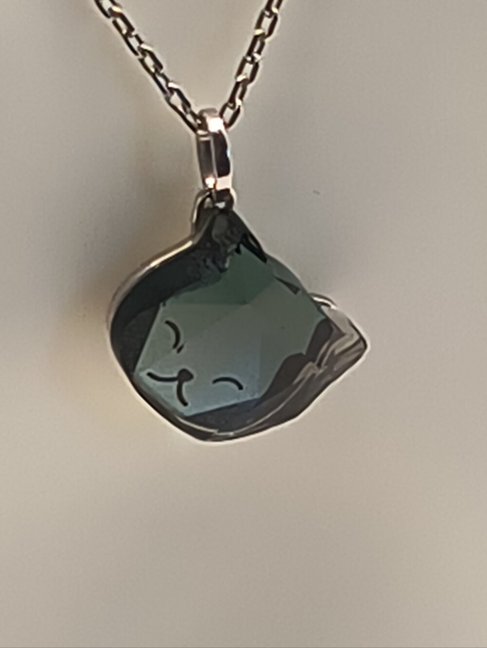 Authentic Swarovski Crystal Cat Head Pendant Necklace Dark Smoked Teal Blue